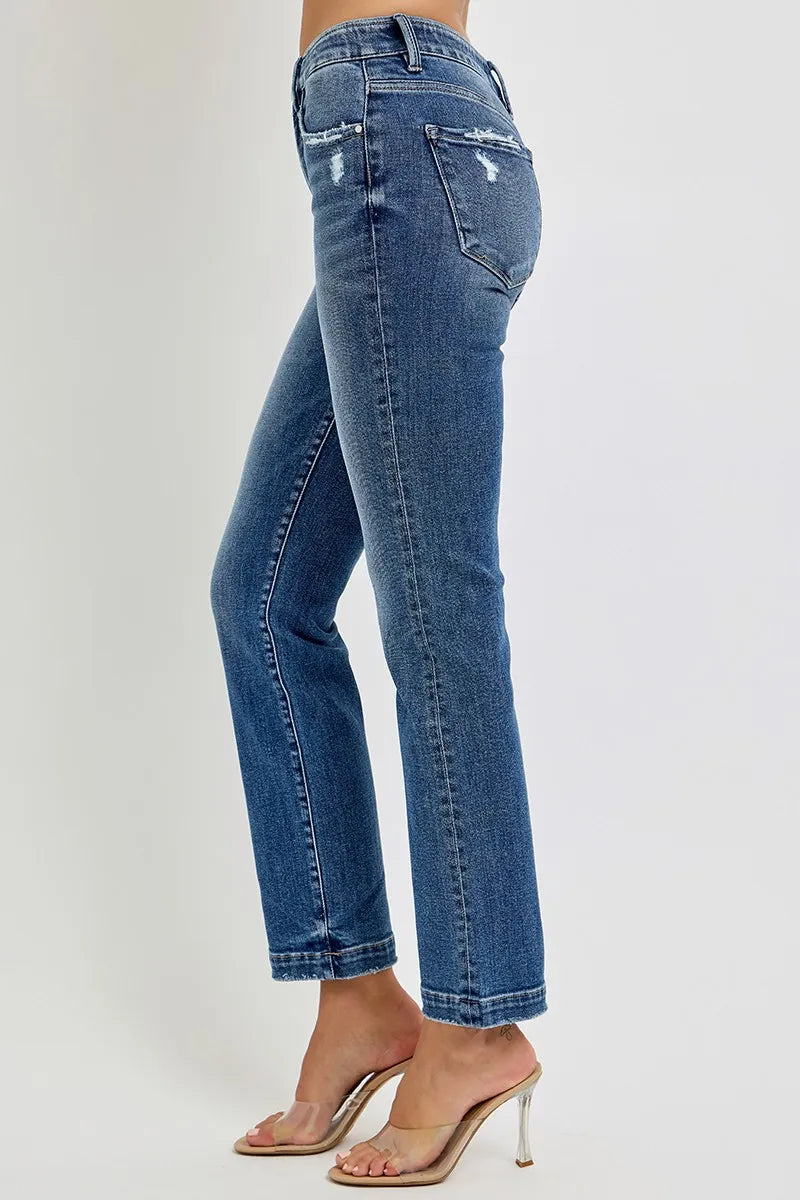 RISEN Full Size Tummy Control Elastic Band Mid Rise Straight Jeans Plus Size - Ladyez