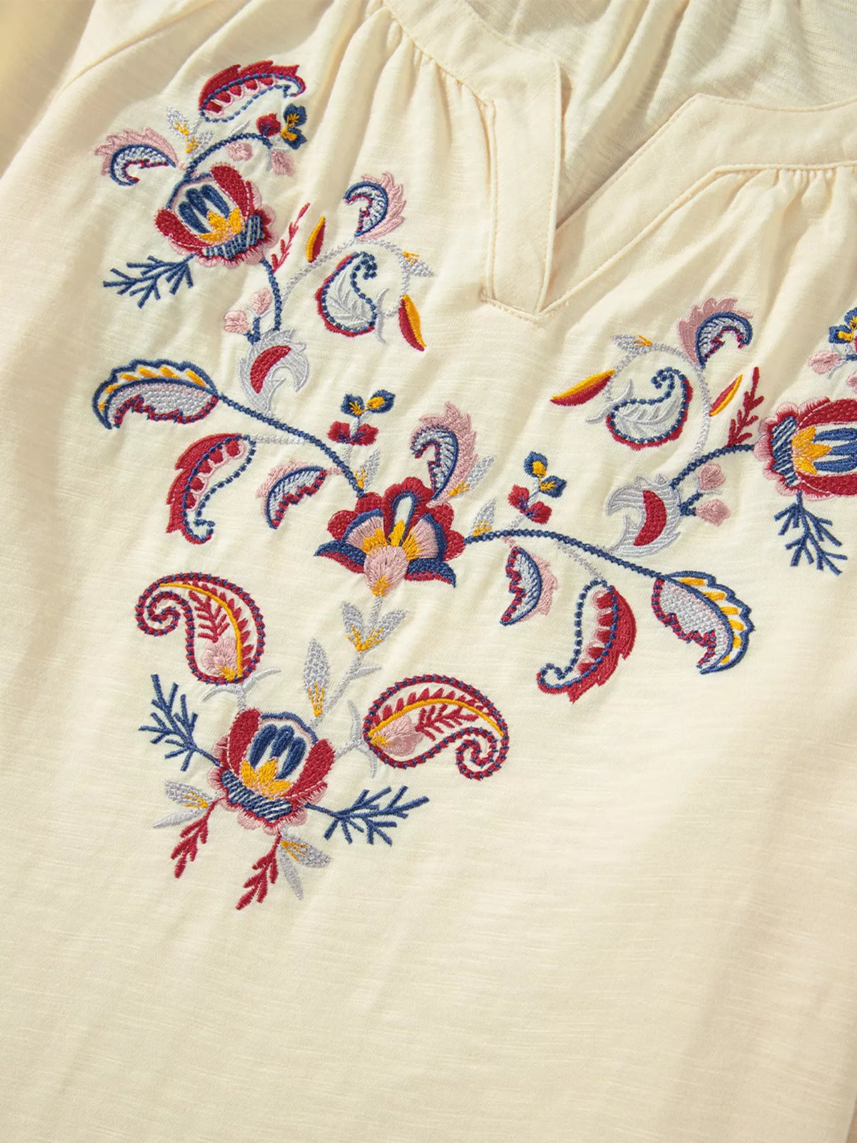 Embroidered Notched Balloon Sleeve Blouse