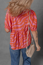 Zebra Stripe Print Ruched Cuff Half Sleeve V Neck Blouse