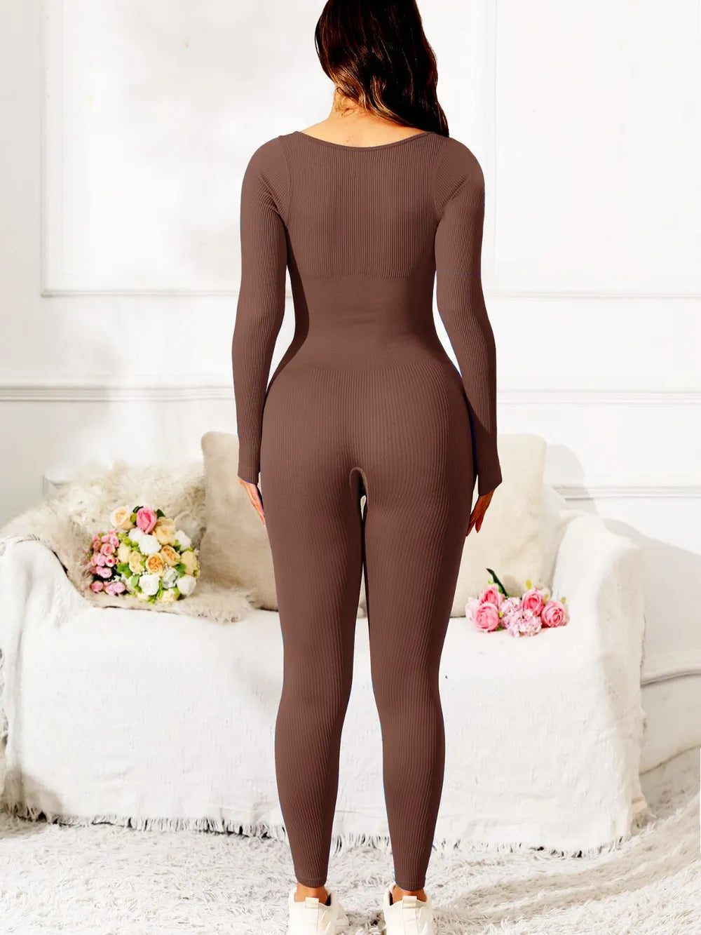 Scoop Neck Long Sleeve Active Jumpsuit - Ladyez