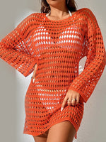 Openwork Boat Neck Long Sleeve Cover-Up - Ladyez