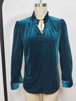Elegant Velvet Ruffle Neck Blouse