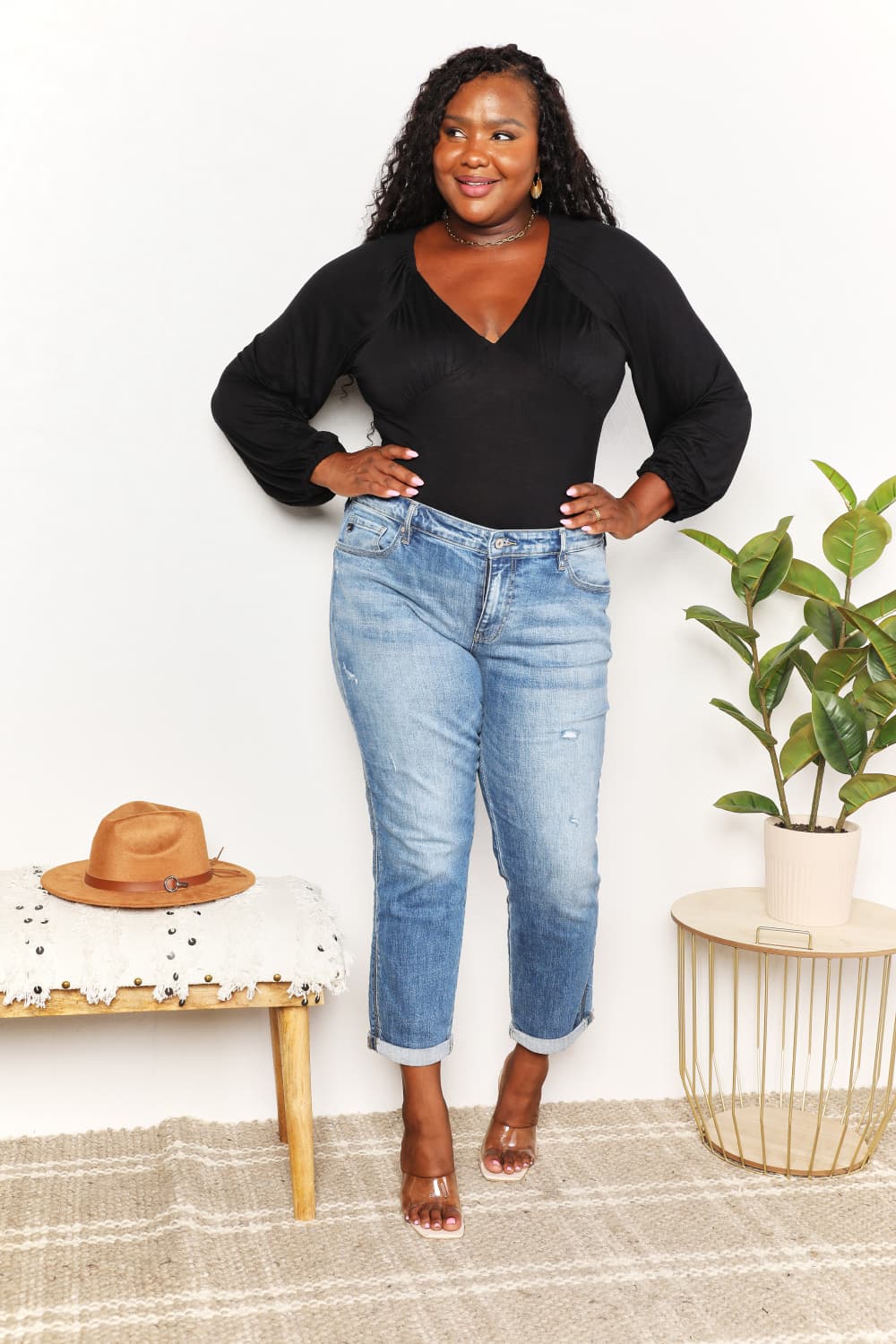 Culture Code Full Size V- Neck Bodysuit - Ladyez