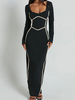 Contrast Trim Long Sleeve Bodycon Maxi Dress - Ladyez