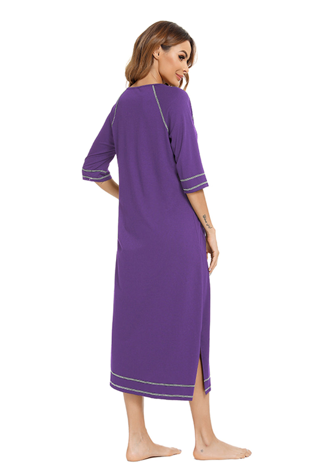Zip Up Slit Round Neck Night Dress with Pockets - Ladyez