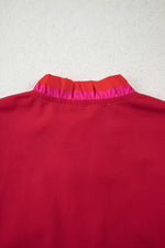 Ruffled Sleeve Notched Blouse with Striped Detail