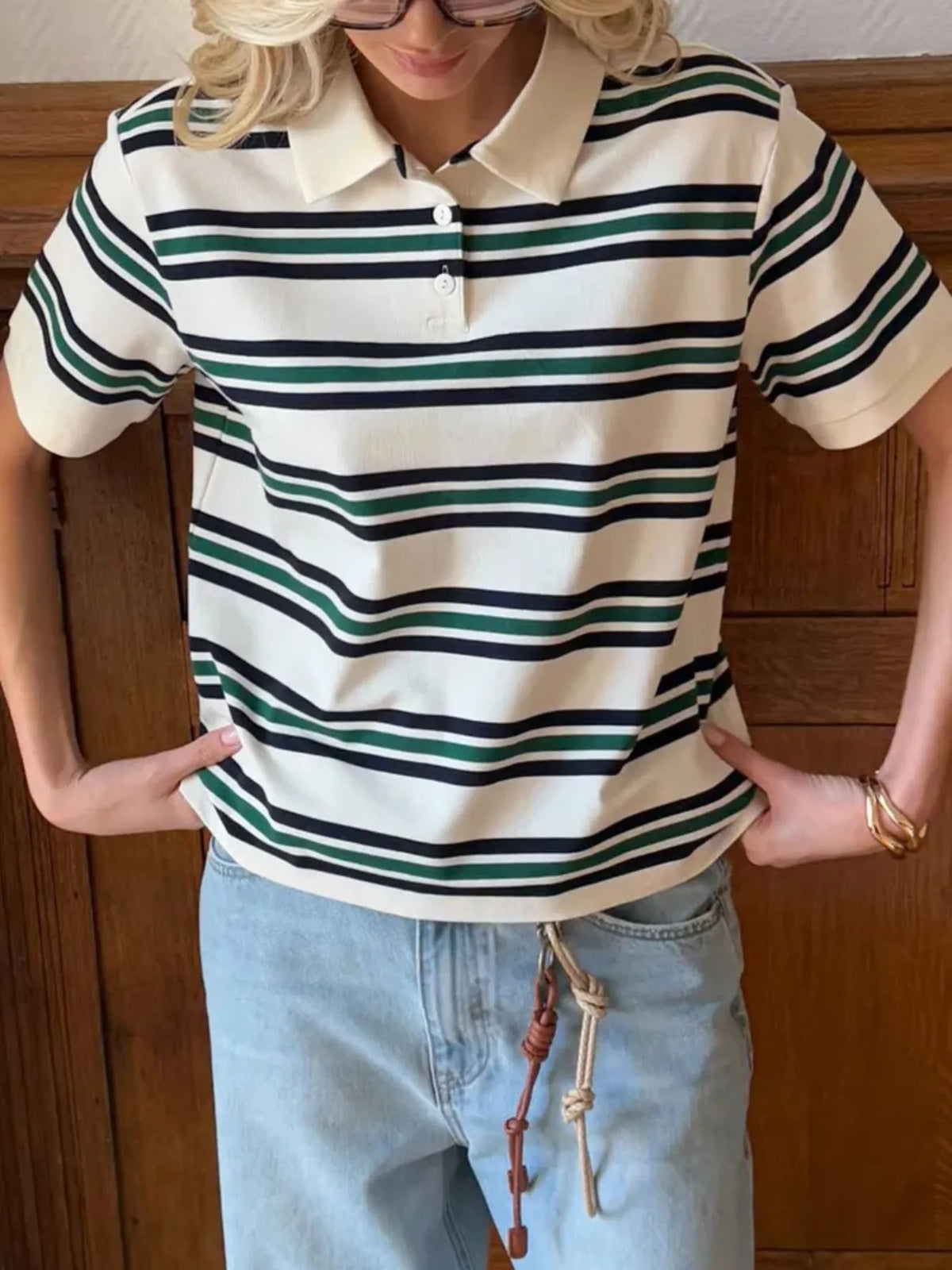 Striped Polo T-Shirt with Contrast Collar - Ladyez