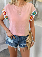 Devine Swiss Dot Round Neck Crochet Short Sleeve Top