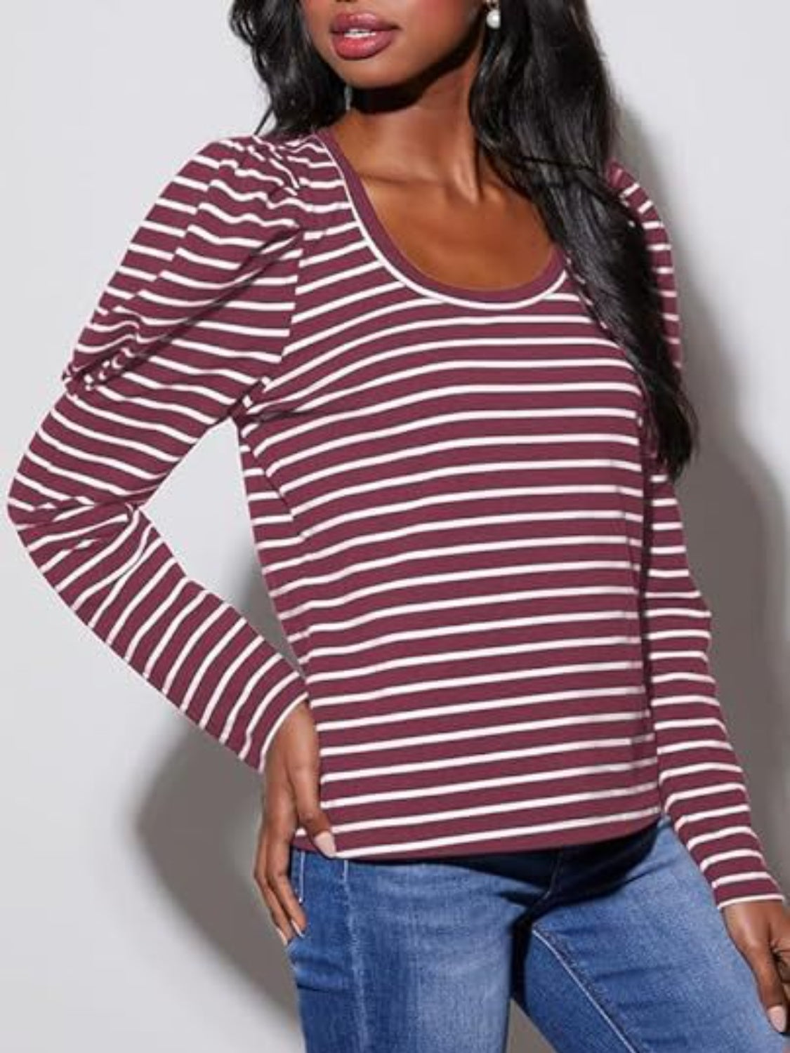 Striped Round Neck Long Sleeve T-Shirt - Ladyez