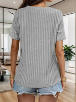 Casual Ribbed Button V-Neck Short Sleeve Top