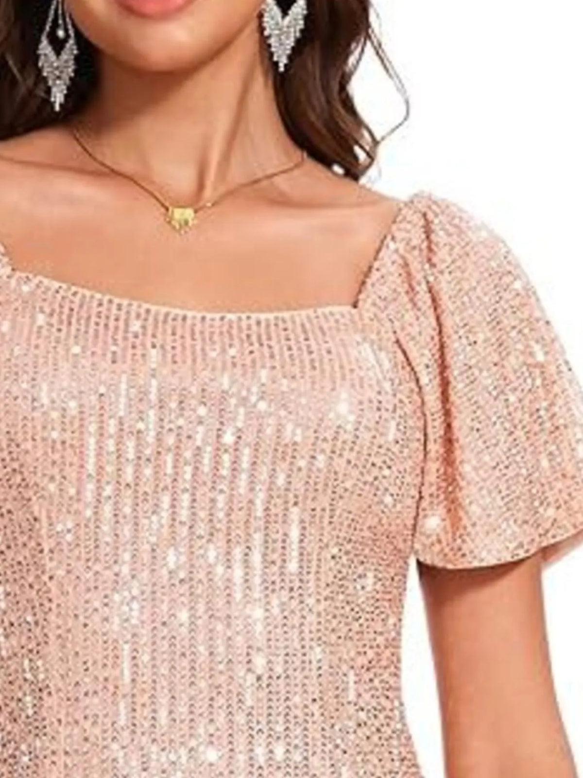 Square Neck Sequin Short Sleeve Blouse - Ladyez