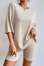 Round Neck Ribbed Top and Shorts Lounge Set - Ladyez