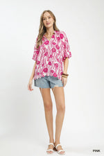 Umgee Floral Scalloped Edge Puff Sleeve Blouse with High-Low Curved Hem