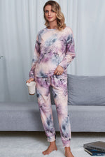 Shiny Tie-Dye Crewneck Top and Drawstring Waist Joggers Lounge Set - Ladyez