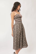 Davi & Dani Contrast Velvet Tape Smocking Bodice Midi Dress