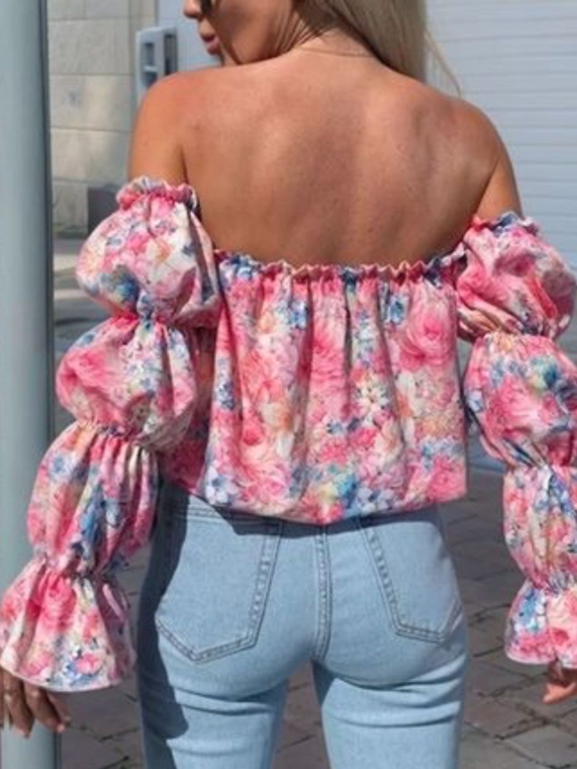 Printed Off-Shoulder Flounce Sleeve Blouse - Ladyez