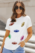 Sequin Football Round Neck Short Sleeve T-Shirt - Ladyez