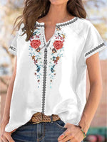 Full Size Floral Notched Short Sleeve Blouse Plus Size