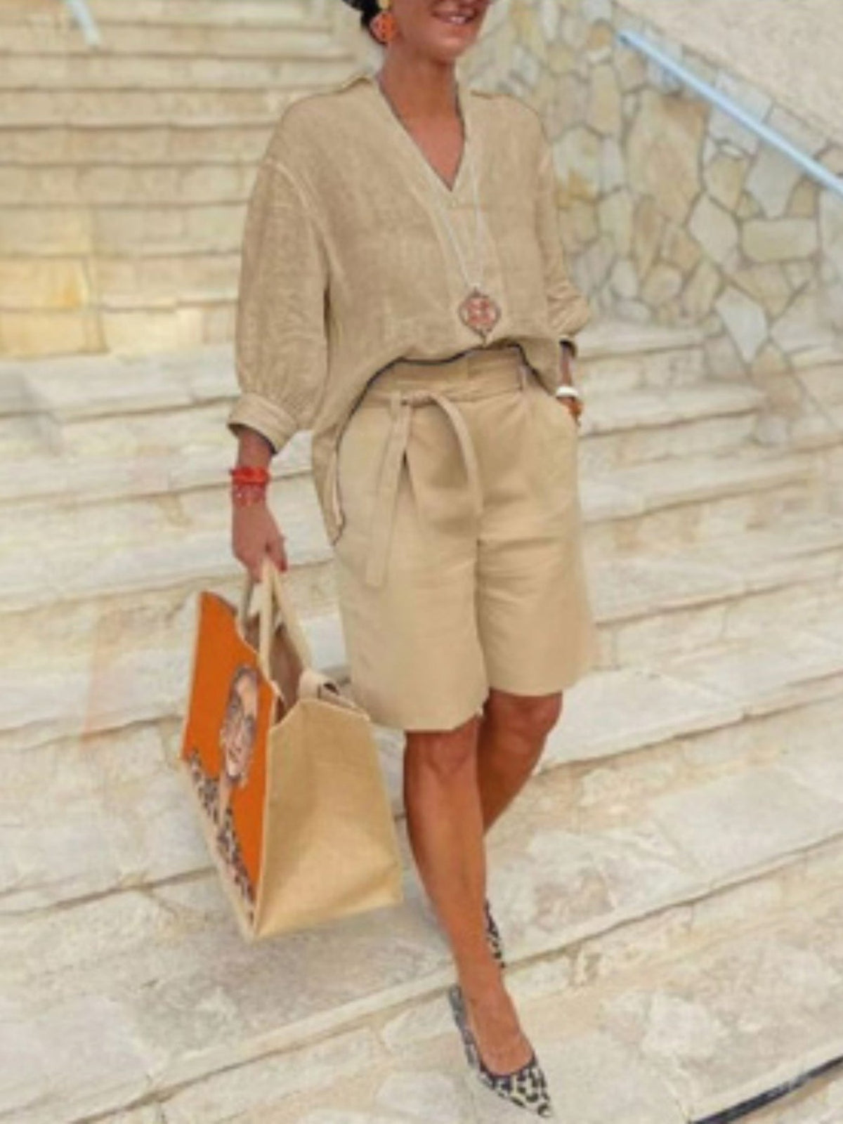 Full Size Johnny Collar 3/4 Sleeve Top and Shorts Set Plus Size