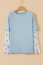 Floral Lace Sleeve Patchwork Waffle Fake Two-Piece Top