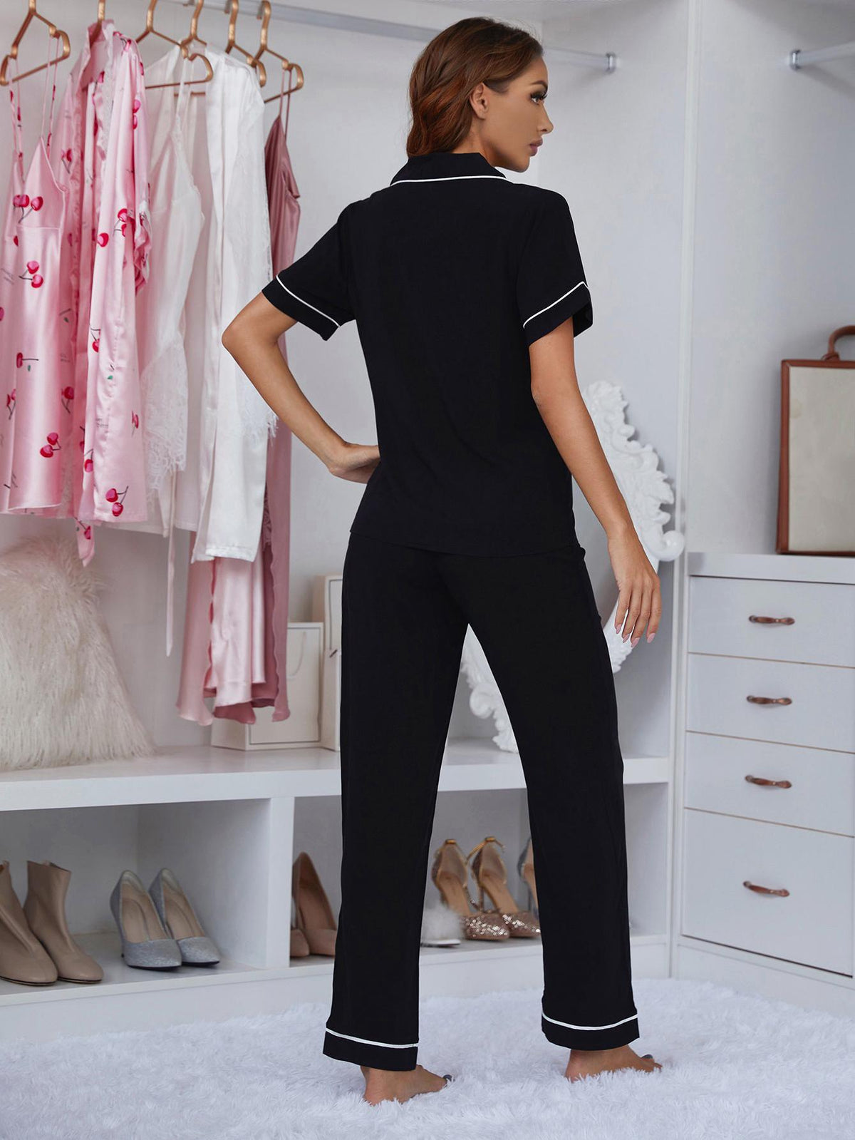Contrast Piping Lapel Collar Short Sleeve Top and Pants Pajama Set - Ladyez