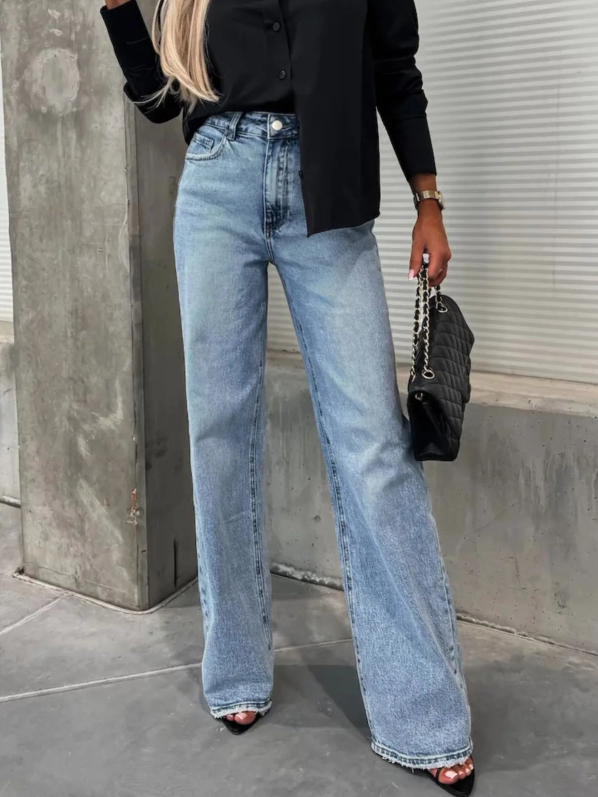 High-Waist Wash Raw Hem Jeans - Ladyez
