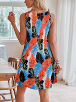 Tropical Leaf Print V-Neck Sleeveless Dress