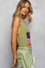 POL V-Neck Ribbed Tank with American Flag Patch and Star Back Patch