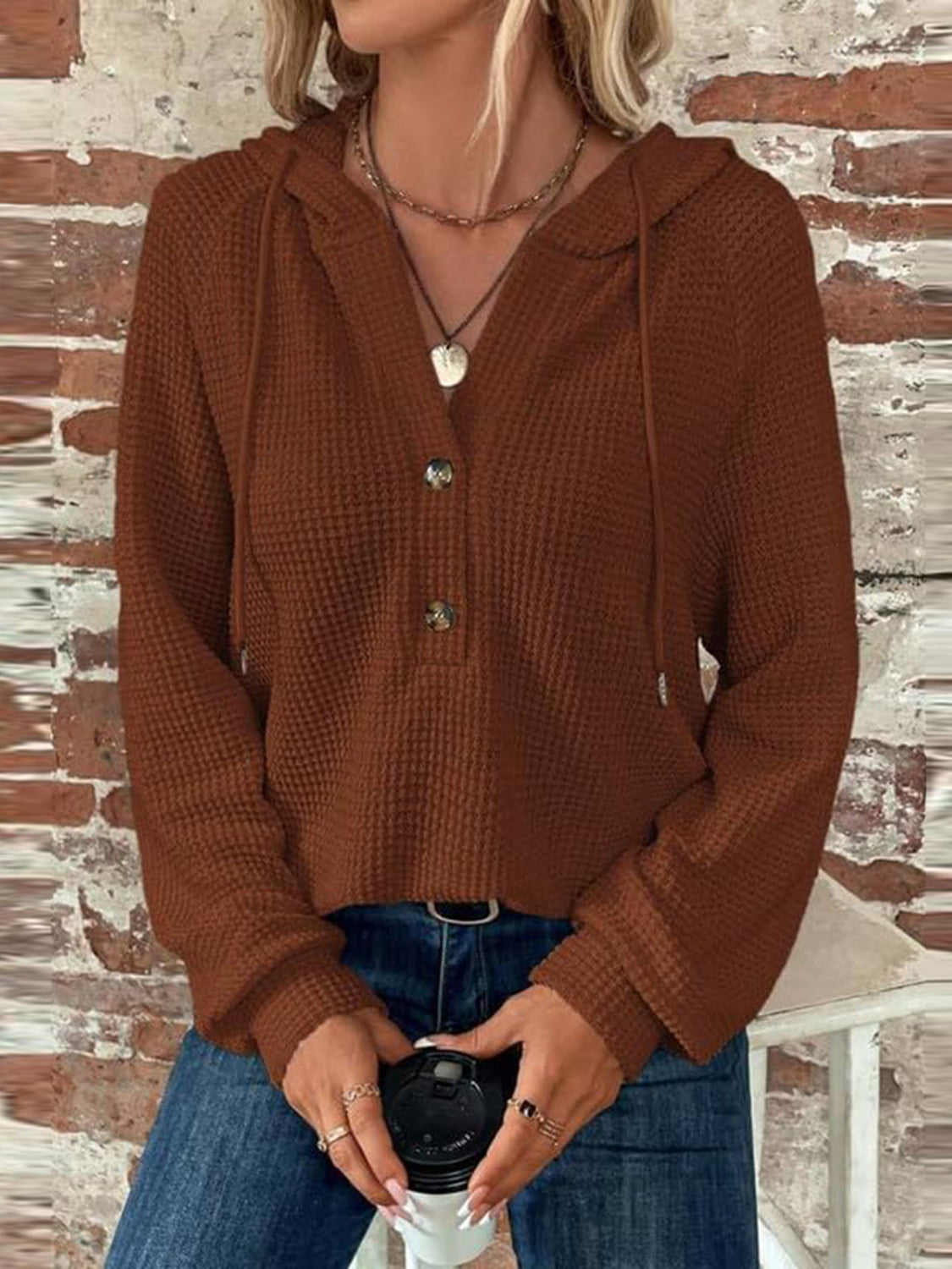 Waffle Knit Long Sleeve Drawstring Hooded Top - Ladyez