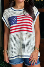 USA Flag Eyelet Knitted Cap Sleeve Sweater Top