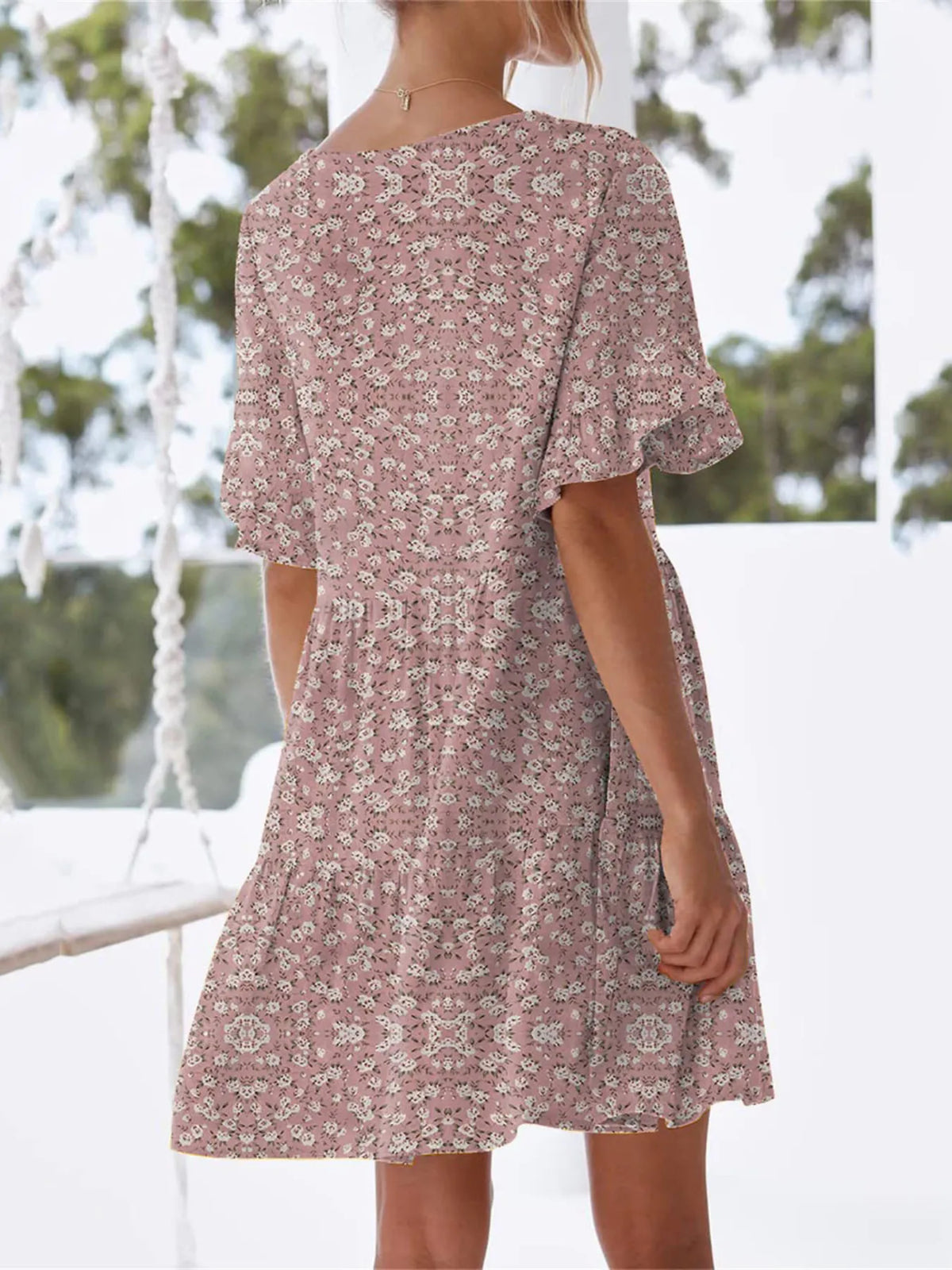 Polka Dot V-Neck Short Sleeve Mini Dress - Ladyez