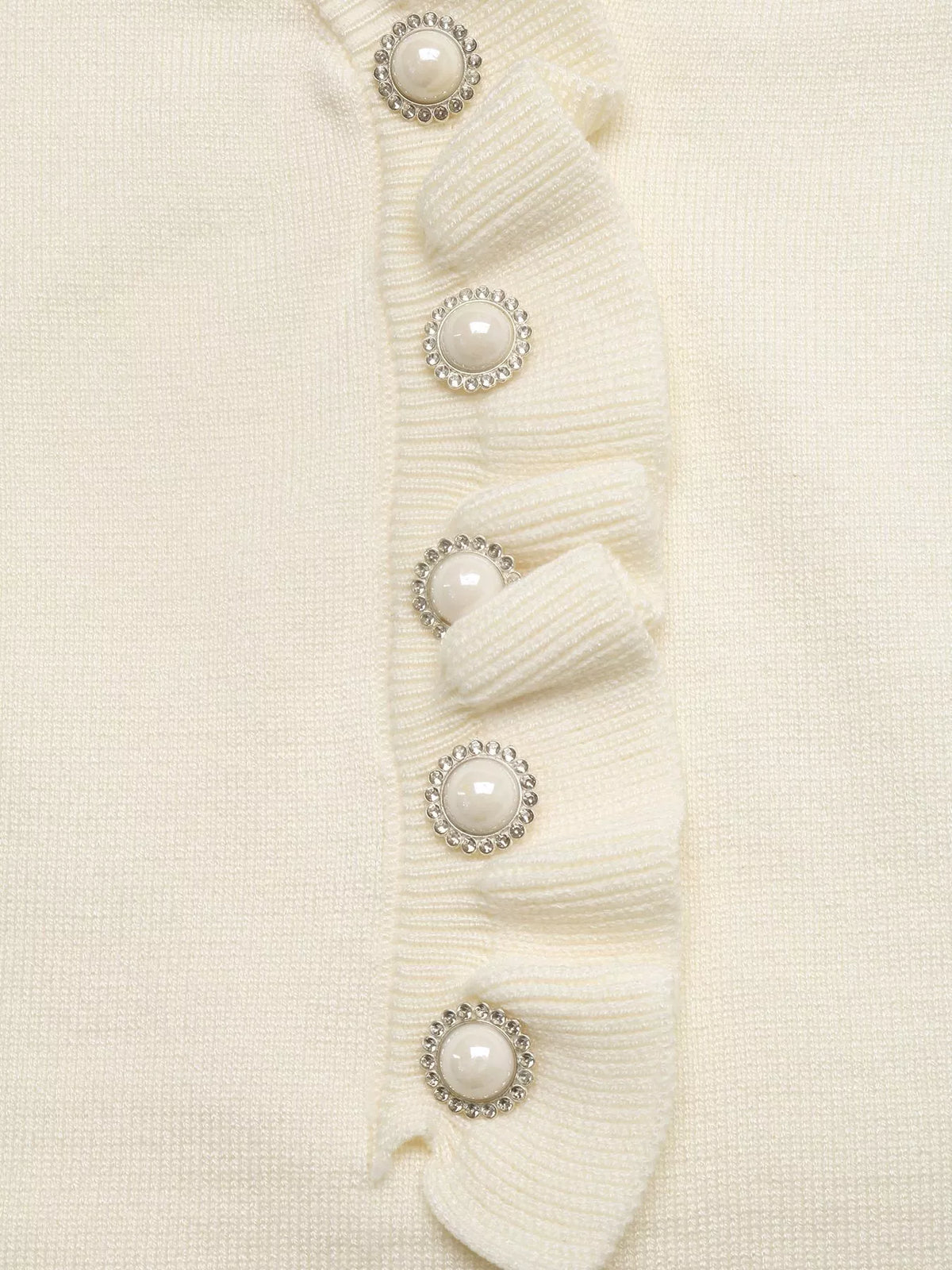 Ruffle Trim Pearl Button V-Neck Knit Top