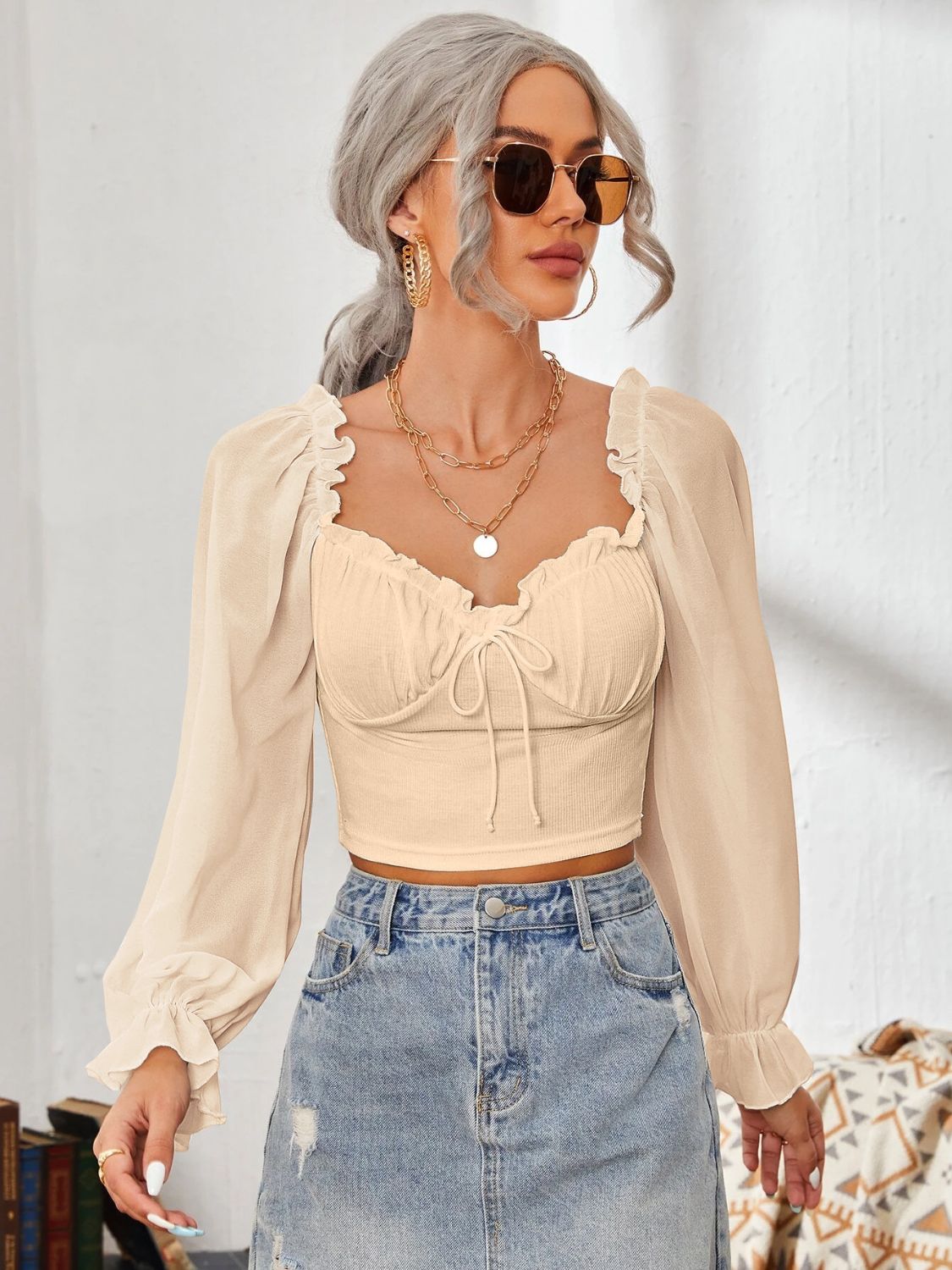 Mesh Sweetheart Neck Flounce Sleeve Top - Ladyez