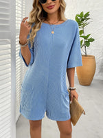 Backless Textured Round Neck Half Sleeve Romper