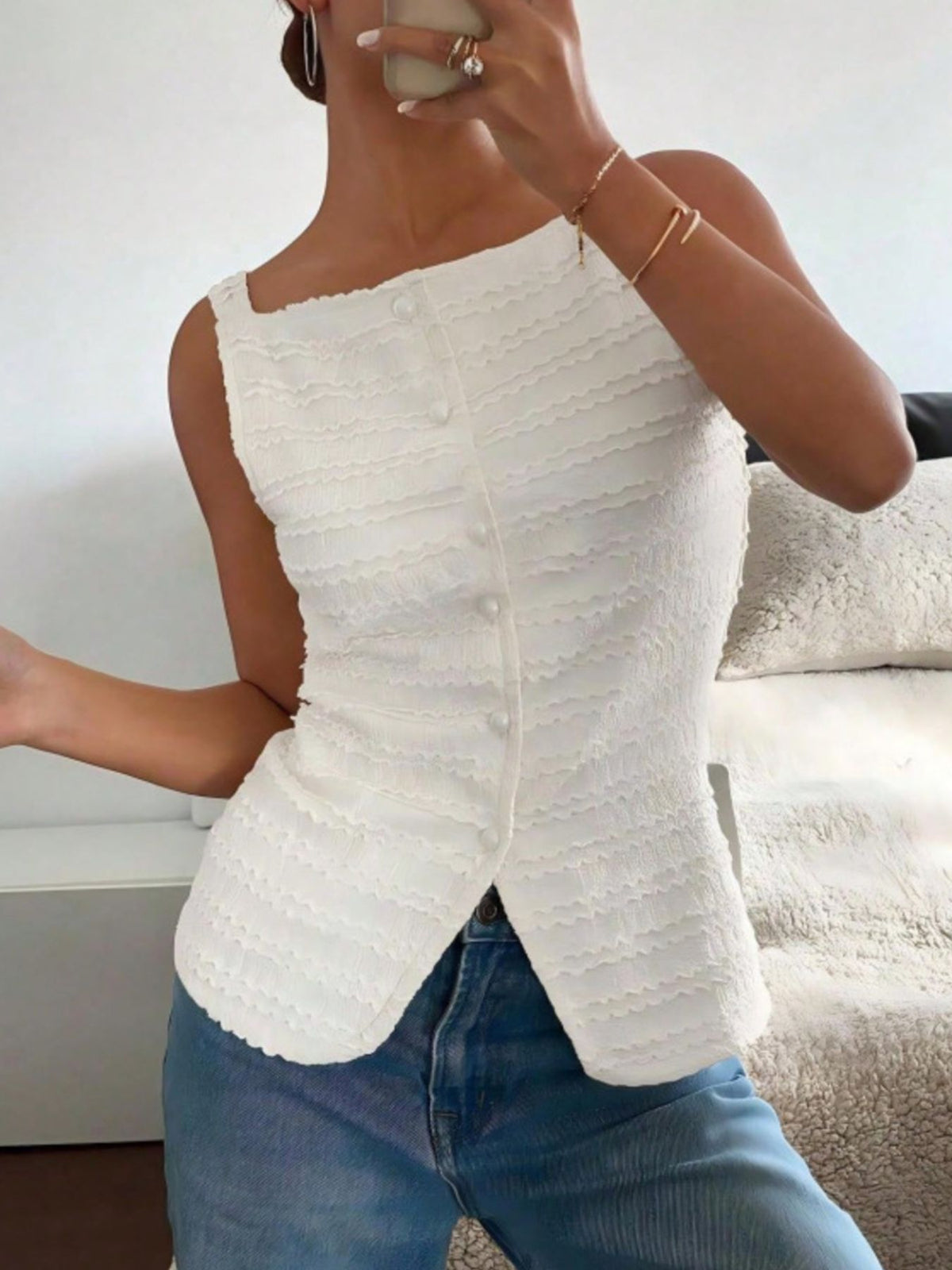 Textured Button-Front Tank