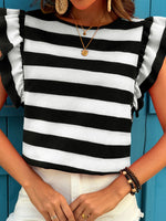 Contrast Striped Ruffle Sleeve T-Shirt