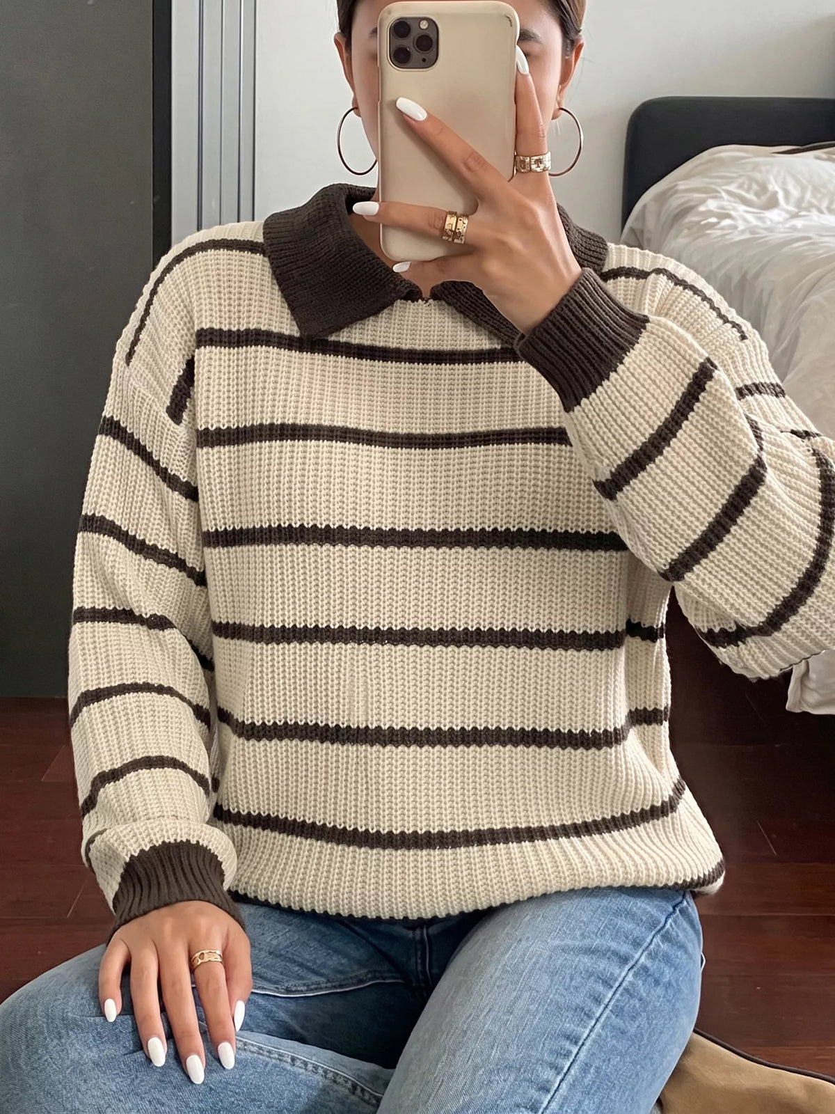 Striped Knit Polo Sweater