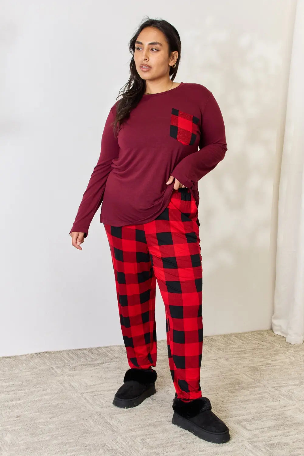 Zenana Full Size Plaid Round Neck Top and Pants Pajama Set - Ladyez