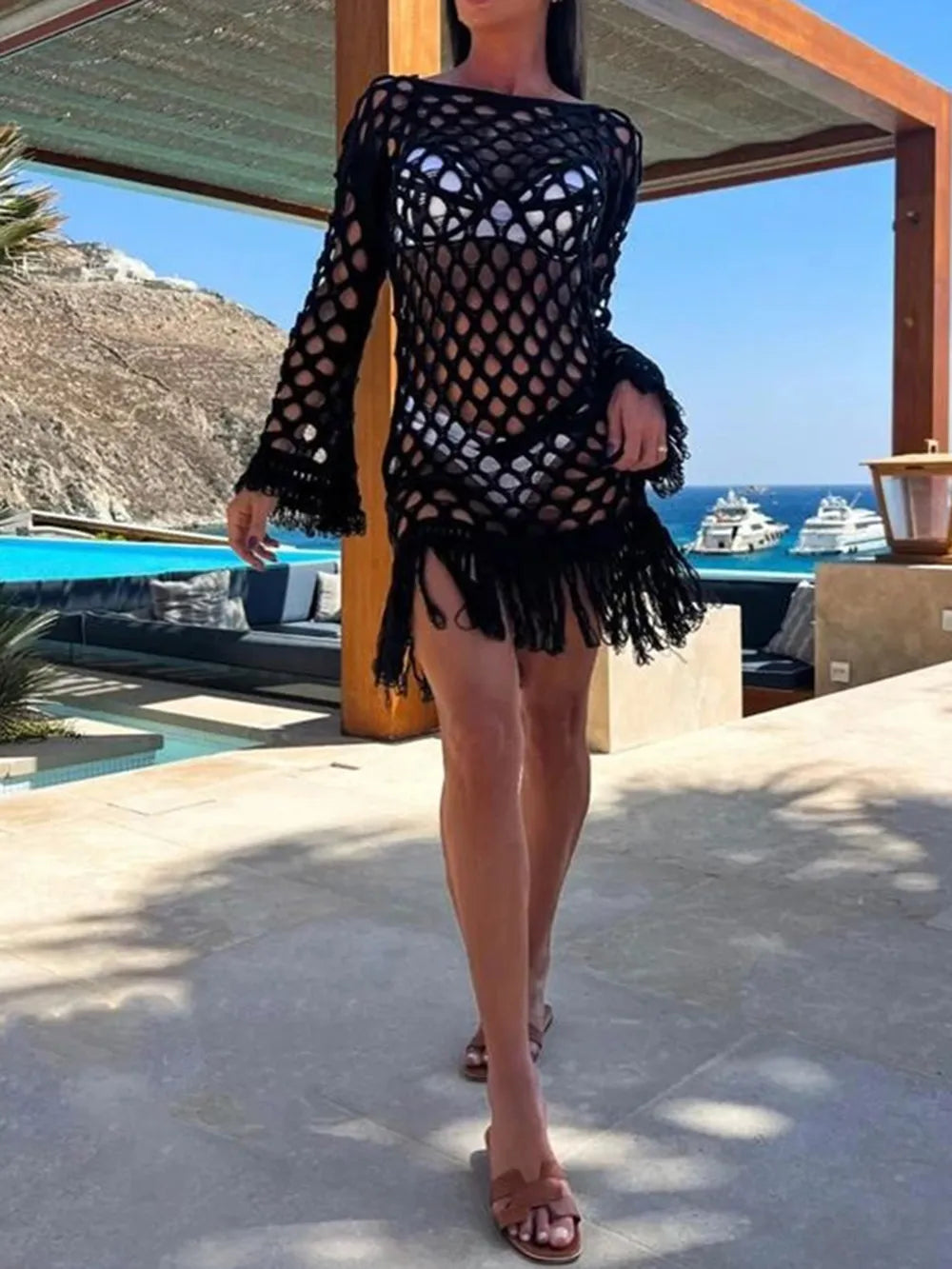 Fringe Cutout Long Sleeve Cover Up - Ladyez