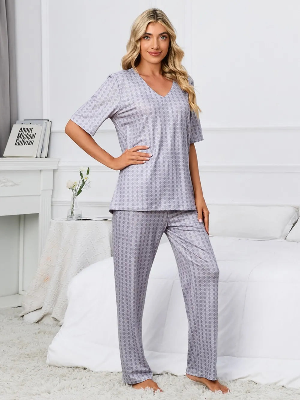 Printed V-Neck Top and Pants Lounge Set - Ladyez