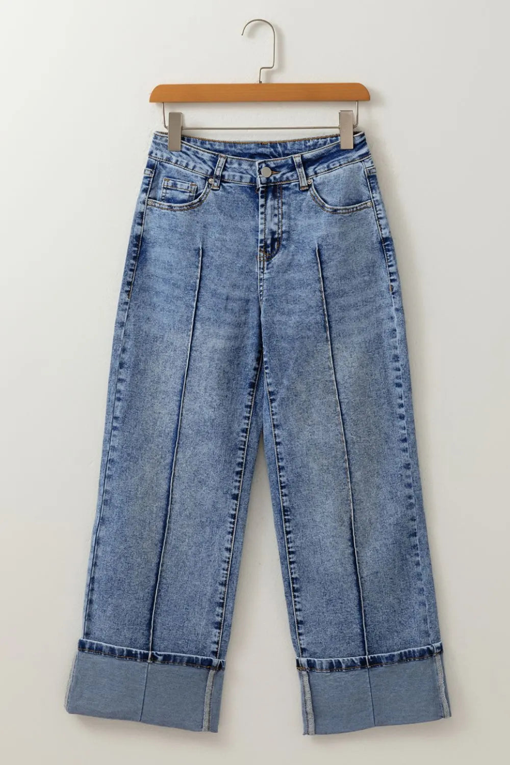 High-Waisted Wide-Leg Cuffed Jeans - Ladyez