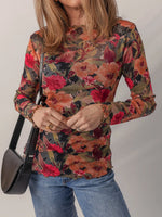 Multicolour Floral Print Lettuce Trim Long Sleeve Mesh Top - Ladyez