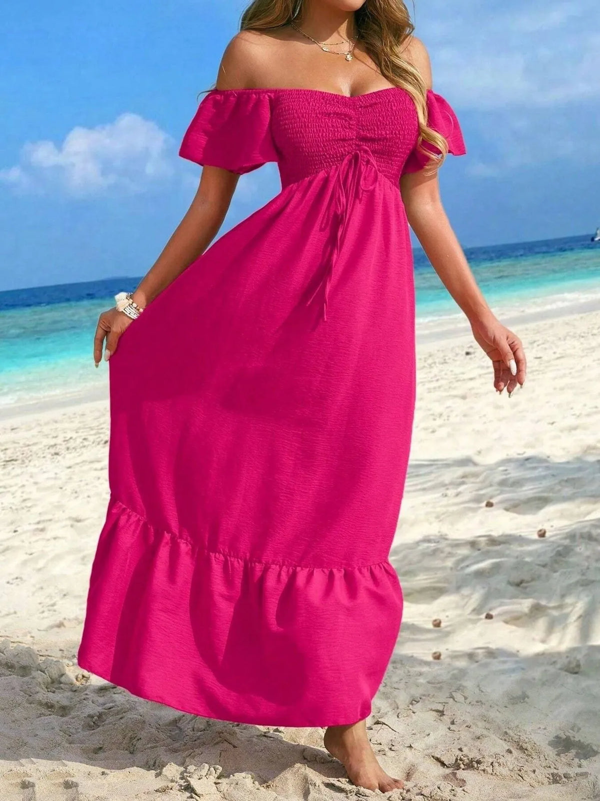 Off-Shoulder Smocked Maxi Dress with Ruffle Hem - Ladyez