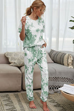Shiny Tie-Dye Tee and Drawstring Waist Joggers Lounge Set - Ladyez