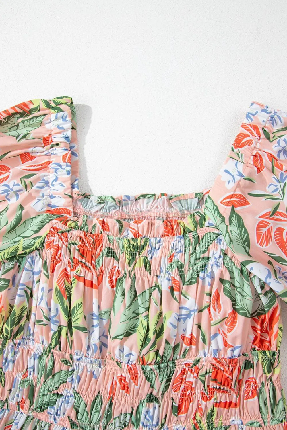 Floral Smocked Square Neck Puff Short Sleeve Midi Dress