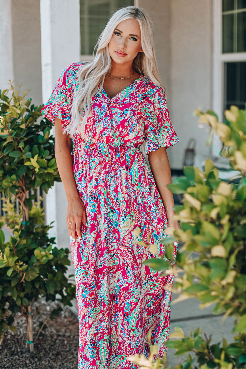 Multicolored V-Neck Maxi Dress - Ladyez