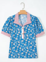 Floral Print Striped Trim Button Neck Short Sleeve Blouse