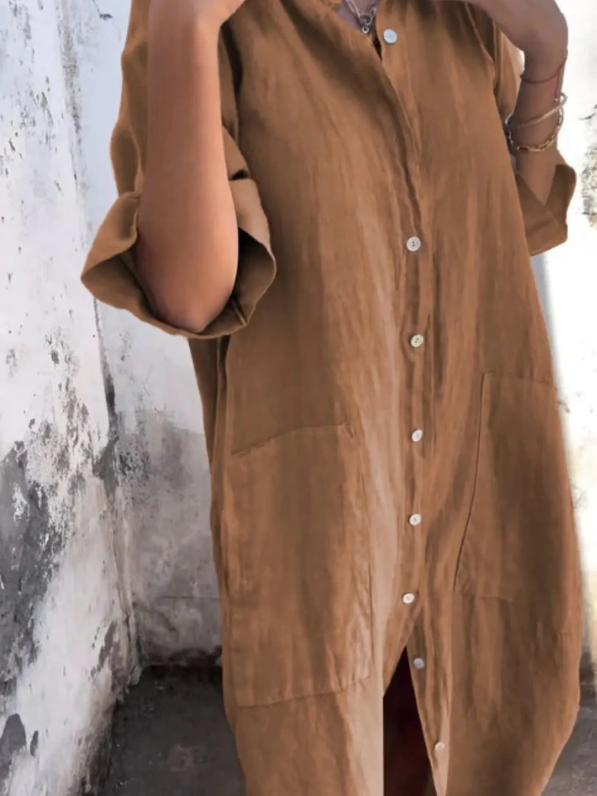 Full Size Casual Linen Button-Down Shirt Dress Plus Size - Ladyez