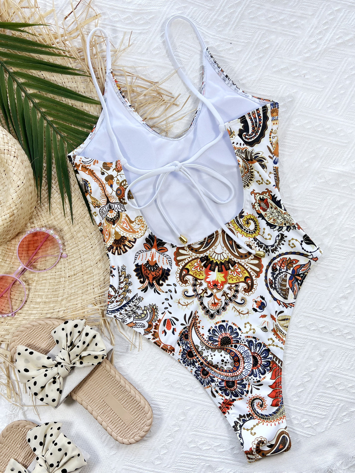 Printed Tie Back Scoop Neck One-Piece Swimsuit - Ladyez