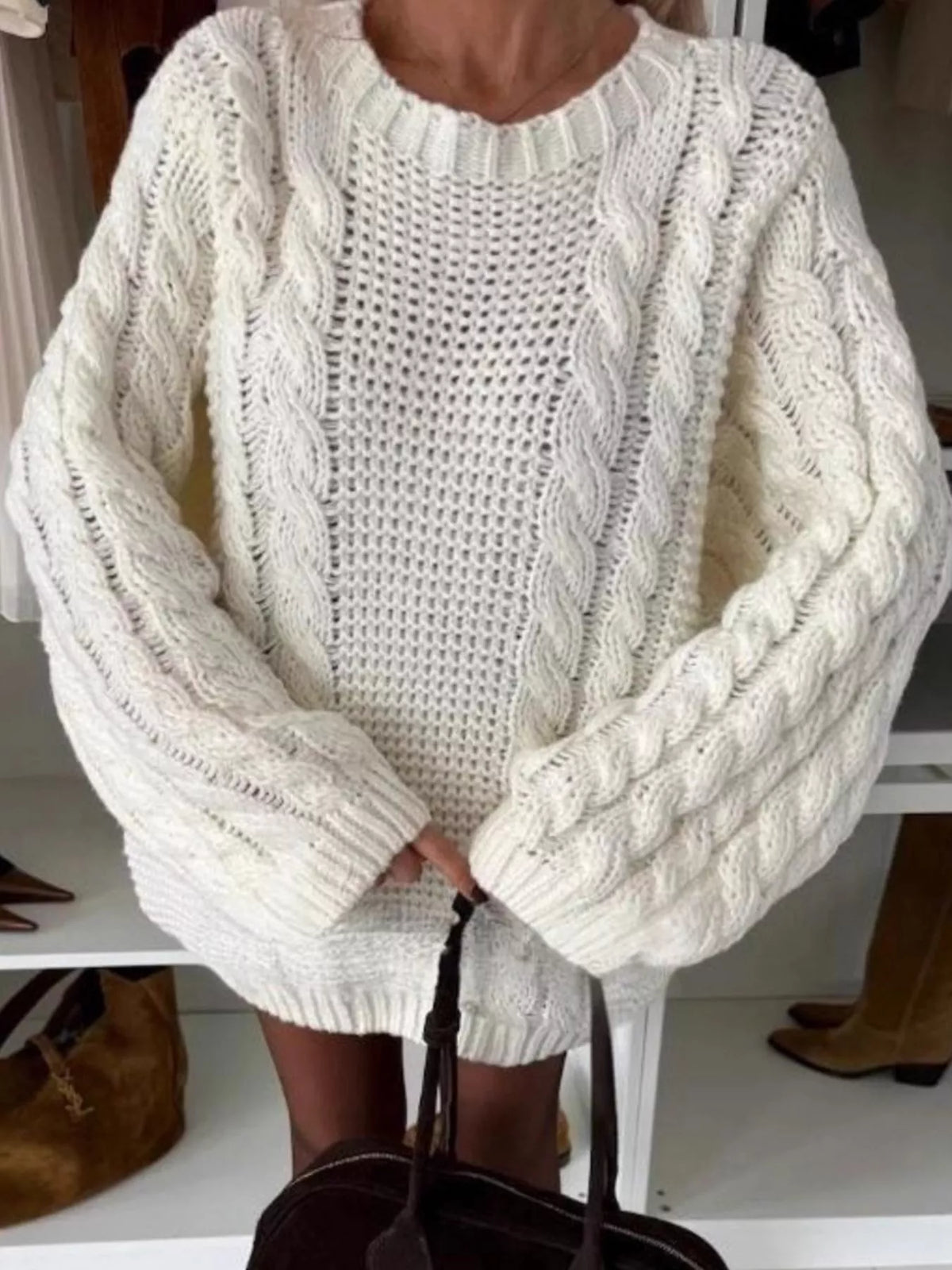 Cable Knit Round Neck Oversized Sweater